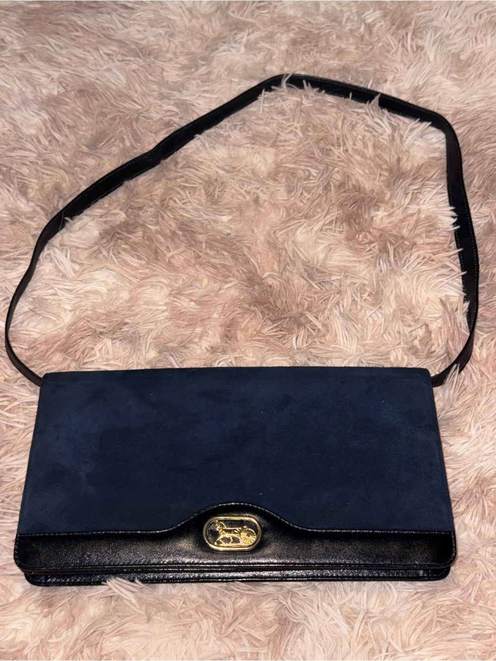 Vintage Celine Navy Suede & Leather Triomphe Shoulder Clutch